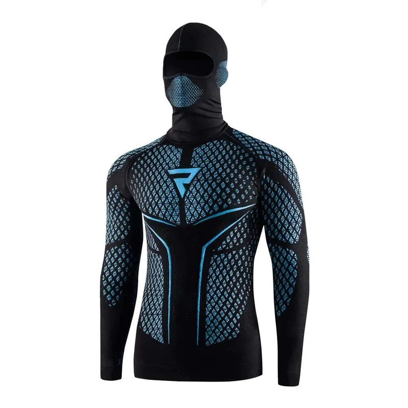 REBELHORN Therm II 2-in-1 Motorcycle Functional Shirt with Balaclava Long Sleeve Men's Thermoactive Clothing Ultralight and Delicate for Cold Days Black/Blue - Image 1