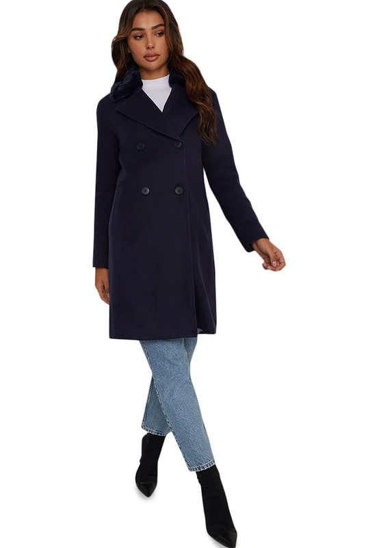 Chi Chi London Women's Structured Double Breasted Coat with Fur Collar in Navy, 16 - Image 1