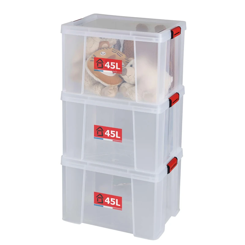 Sundis set of 3 reinforced CLIP'N STORE 45L containers - Transparent with clip-on lid, stackable, suitable for food contact