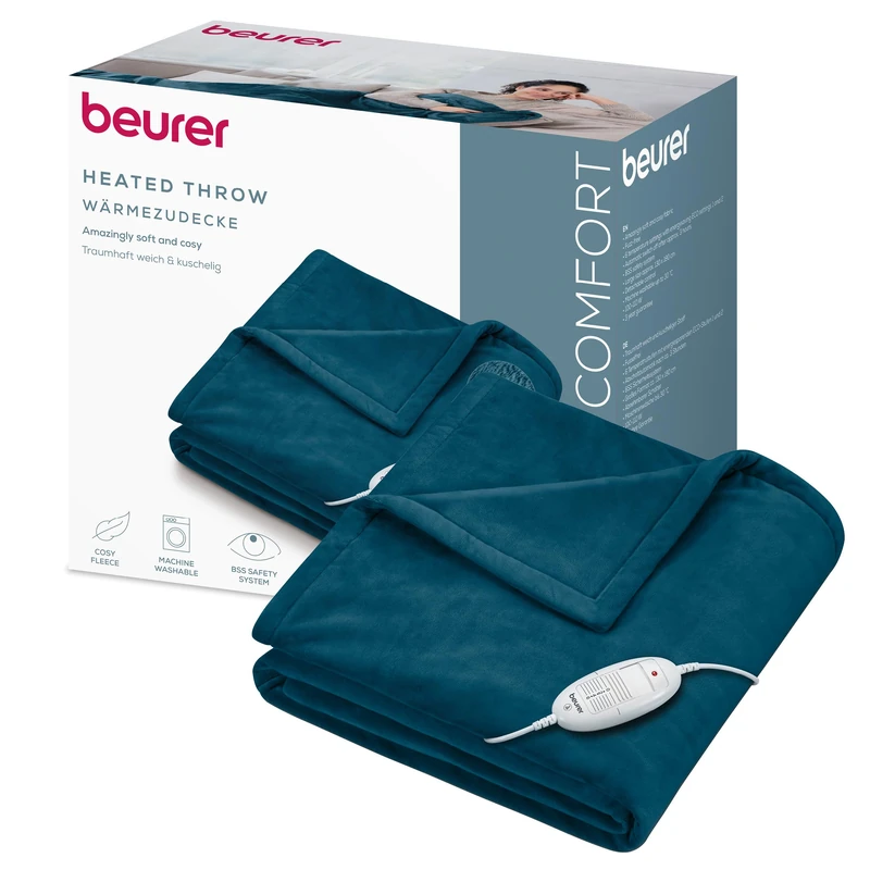 Beurer HD 75 Ocean Electric Blanket, Cuddly Soft Heat Blanket, 6 Temperature Settings, Machine Washable, with Automatic Shut-Off and Extra Safe, Teal, 180 x 130 cm