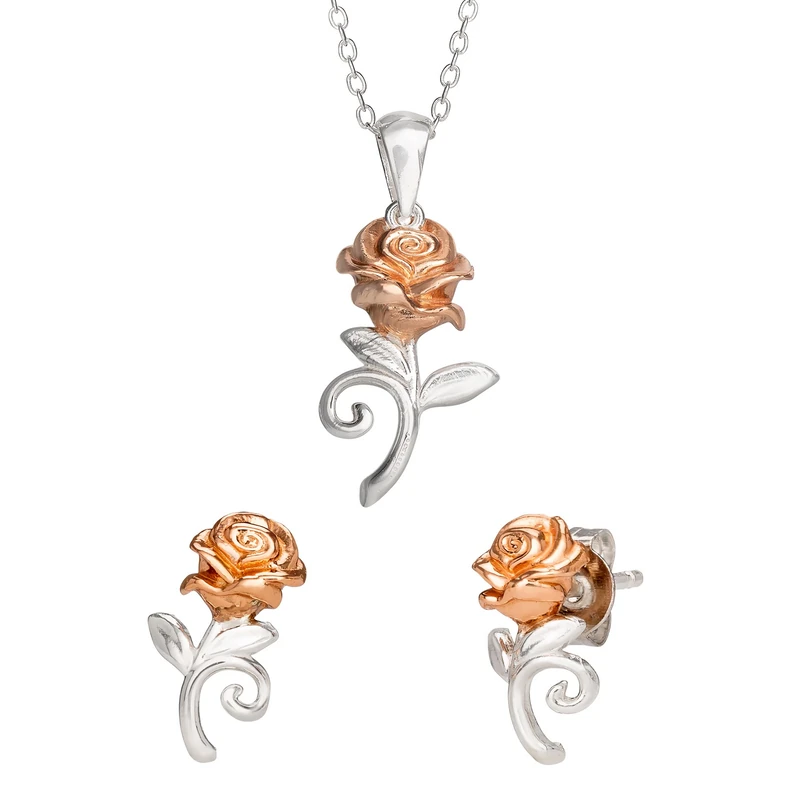 Disney Beauty And The Beast Rose Sterling Silver and Rose Gold Necklace and Earring Set S901065TL