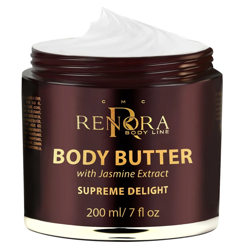 RENORA Natural Body Butter for Women with Almond Oil, Hyaluronic Acid & Vitamins - 200ml Whipped Shea Butter Body Moisturiser for Dry Skin, Long-Lasting Hydration & Deep Nourishment - Jasmine Scented