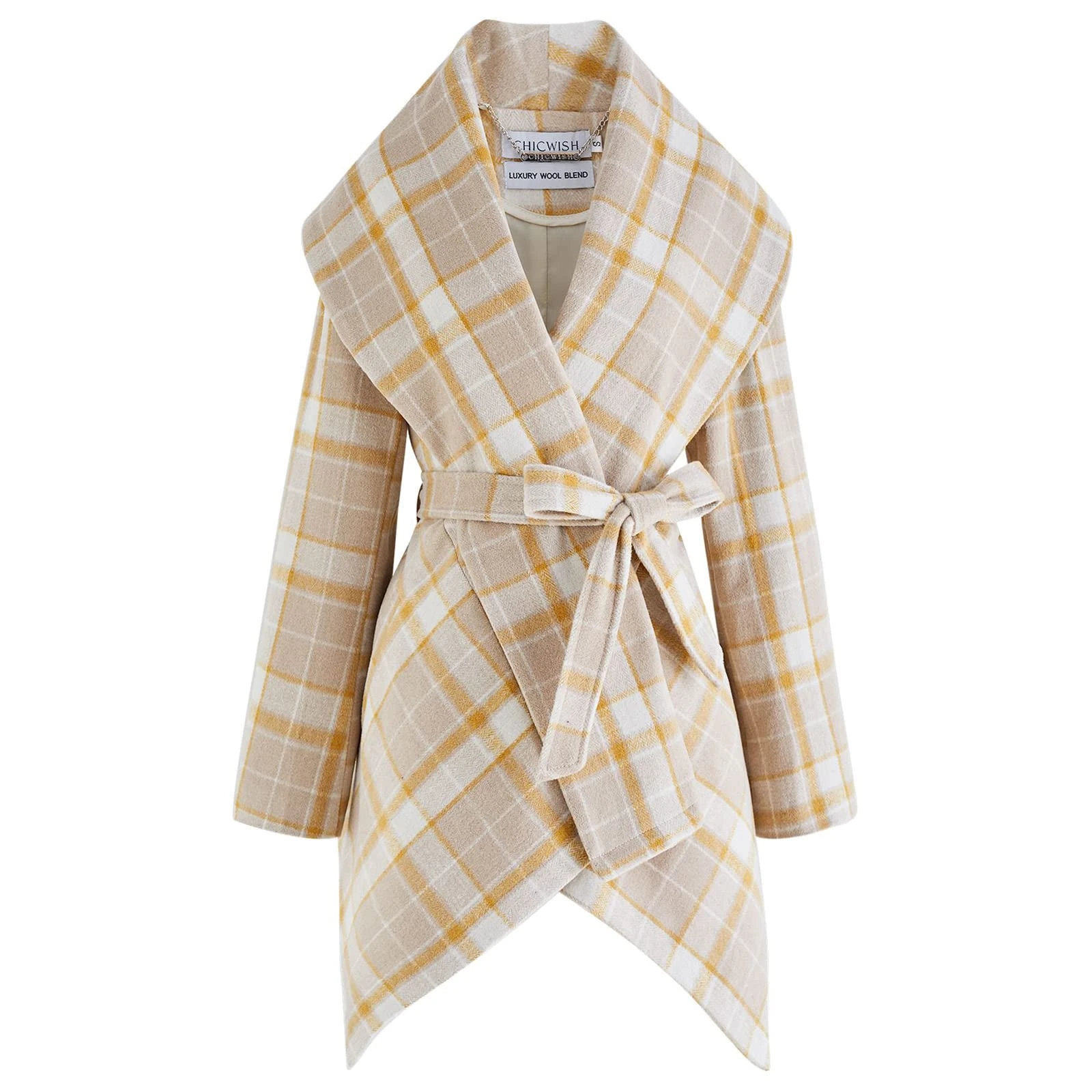 CHICWISH Women's Turn Down Shawl Collar Earth Tone Check Asymmetric Hemline Wool Blend Coat, Camel, S