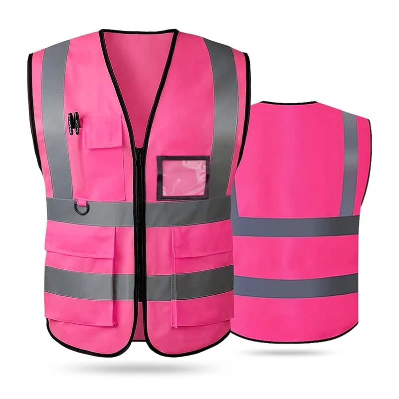 AKEIVN Hi Vis Vests for Women Men High Visibility Reflective Safety Security Vest with Pockets Zipper Front Meets ANSI/ISEA Standards（Small,Pink(cloth)) (AKEIVN)