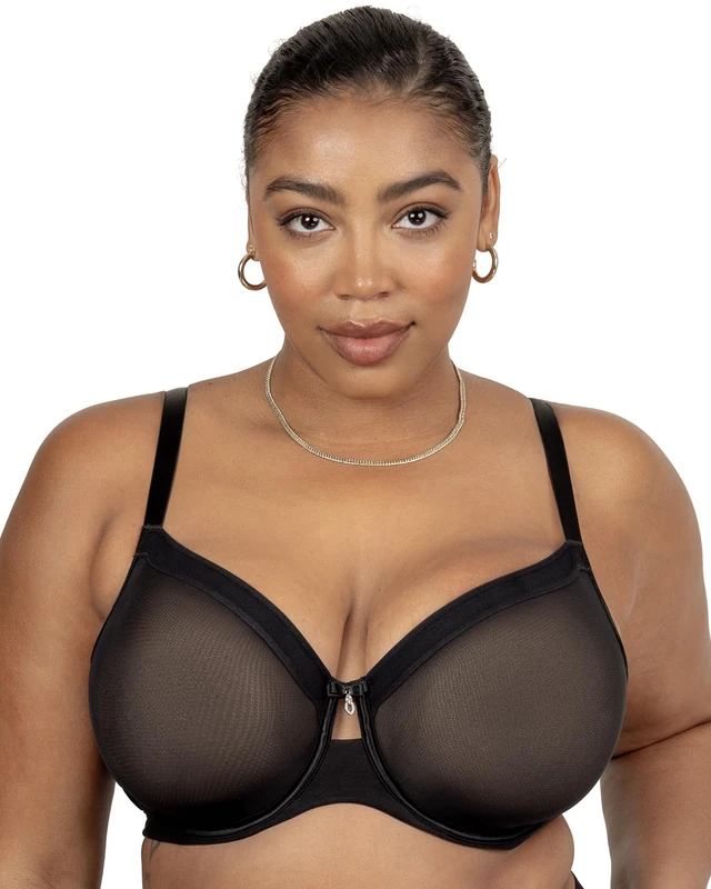 Curvy Couture Women's Sheer Mesh Full Coverage Unlined Underwire Bra, Black Hue, 32F