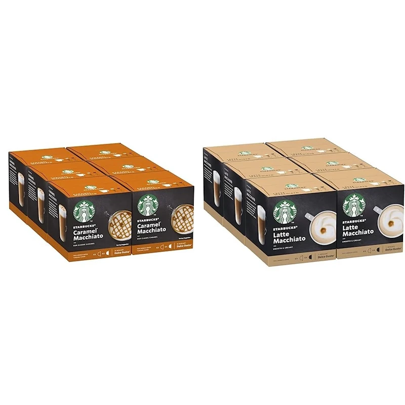 STARBUCKS Caramel Macchiato by Nescafé Dolce Gusto Coffee Pods 6 x 12 (72 Capsules, 36 Servings) & Latte Macchiato by Nescafé Dolce Gusto Coffee Pods 6 x 12 (72 Capsules, 36 Servings)