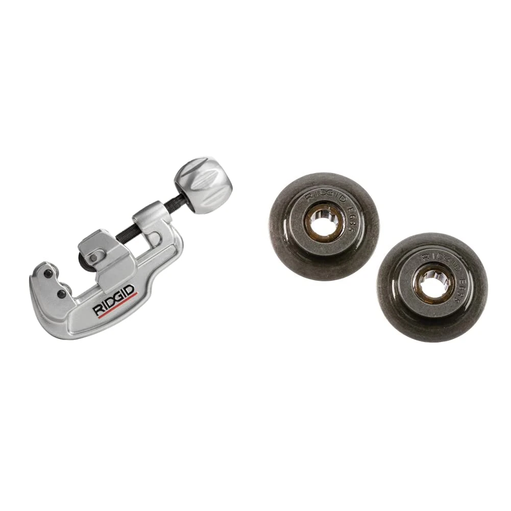 RIDGID 29963 Model 35S Stainless Steel Tubing Cutter, 1/4-inch to 1-3/8-inch, Chrome & 29973 Model E635 Replacement Wheel for 35S and 65S Stainless Steel Cutters, Silver