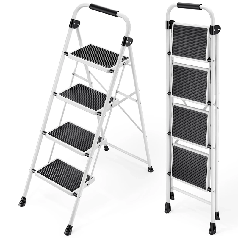 KINGRACK Step Ladder, Folding Ladder with Non-Slip and Wide Pedal, Folding Step Stool for Adults, Lightweight and Portable Step Ladder (White, 4 Steps with handrail)