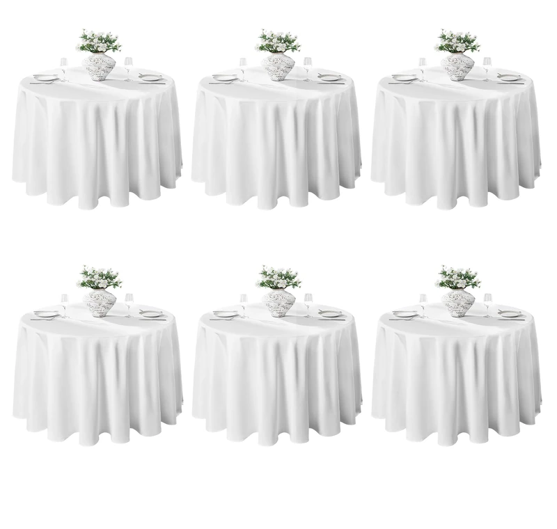 VidaFete 6 Pack 120 inch Round Tablecloth Polyester Table Cloth，Stain Resistant and Wrinkle Polyester Dining Table Cover for Kitchen Dinning Party Wedding Rectangular Tabletop (White)