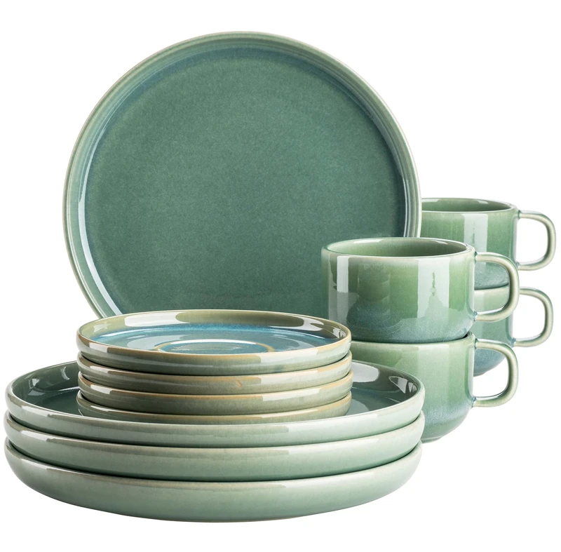 MÄSER Elina Uno Series, Modern Coffee Tableware Set with Irregular Effect Glaze for 4 People, with Dessert Plates, Coffee Cups and Saucers, 12-Piece Coffee Service, Stoneware, Beach