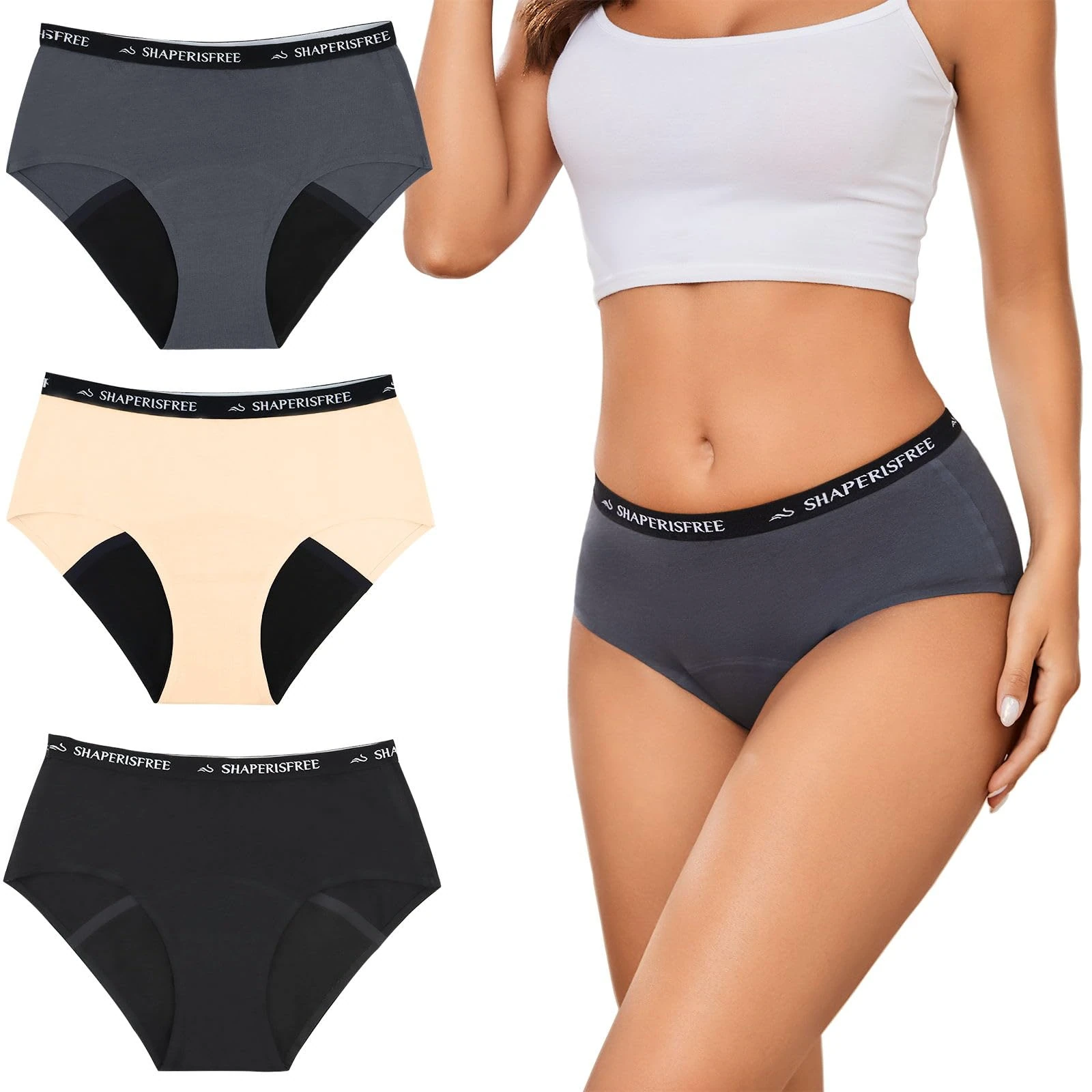 Incontinence Underwear for Women Leakproof 2.0 High Absorbency Period Panties Ladies Bladder Control Washable Cotton Briefs, 3 Packs - Black/Nude/Blue, M