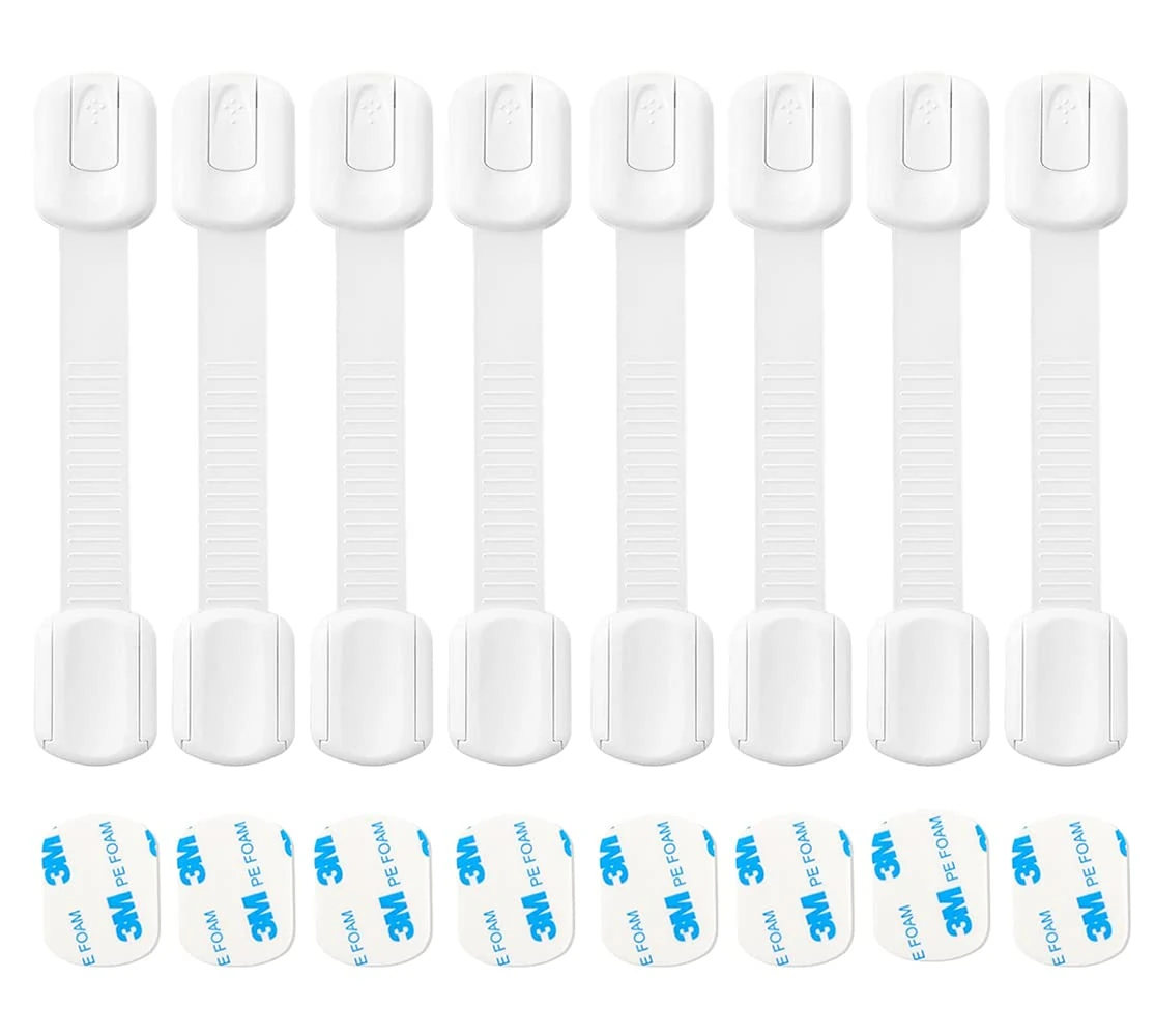 Ertzinla Child Baby Safety Cupboards Straps Locks (8 Pack) for Cabinets Drawers Toilet Fridge, Easy Installation, No Drilling Required, White