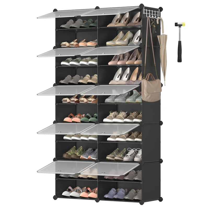 SONGMICS Interlocking Shoe Rack, Plastic Shoe Storage Cabinet, 10-Slot Modular Storage Organiser Unit, 30 x 40 x 30 cm for Each Slot, with Doors, Steel Frame, Plastic Panels, Black LPC035B01