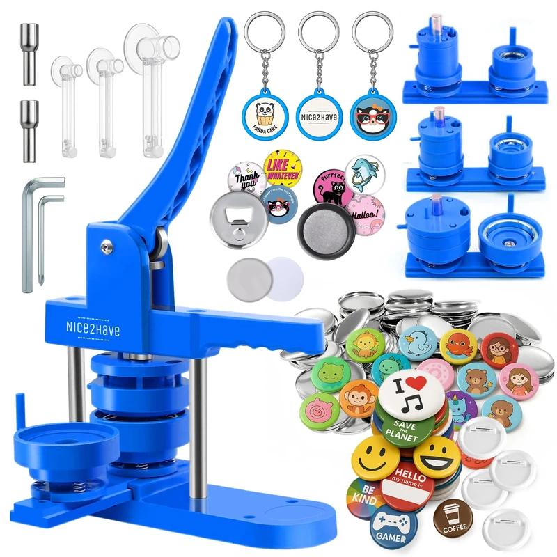 Nice2Have Button Maker Machine Multiple Sizes 1-1.25-2.25in - (500pcs Buttons,15pcs Bottle Openers,15pcs Fridge Magnets,15 Keychain Buttons, 500+ Free Designs,3 Circle Cutters) - Pin Maker Machine