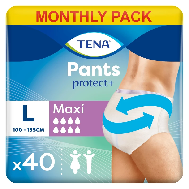 TENA Pants Maxi, 40 pairs, Unisex Incontinence Pants (4 x 10 packs) for Women and Men with Heavy Bladder Weakness, Designed for Everyday Life With Triple Protection and Dual Absorption Zones, Size L