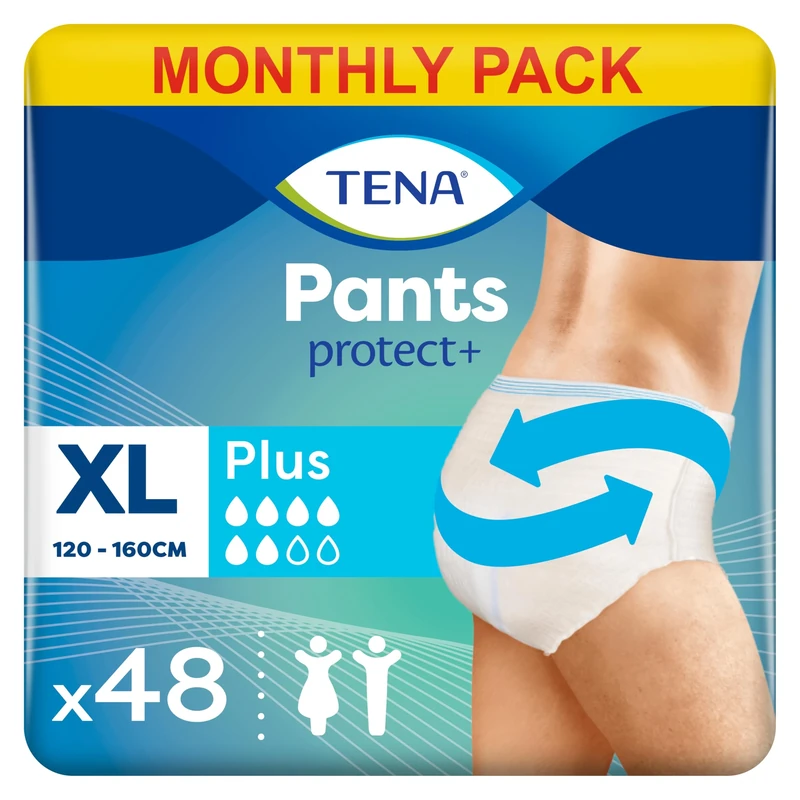 TENA Pants Plus, 48 pairs, Unisex Incontinence Pants (4 x 12 packs) for Women and Men with Heavy Bladder Weakness, Designed for Everyday Life with Triple Protection and Dual Absorption Zones, Size XL