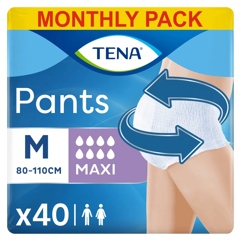 TENA Pants Maxi, 40 pairs, Unisex Incontinence Pants (4 x 10 packs) for Women and Men with Heavy Bladder Weakness, Designed for Everyday Life With Triple Protection and Dual Absorption Zones, Size M