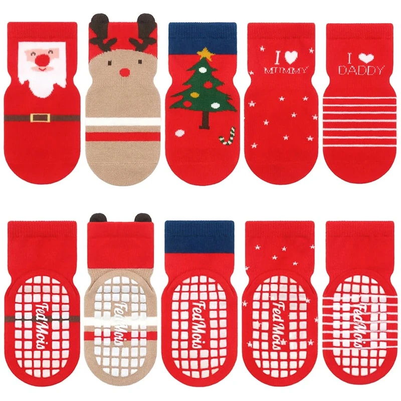FedMois 5-Pair Anti-Slip Socks - Animals, Christmas, 3-5 Years