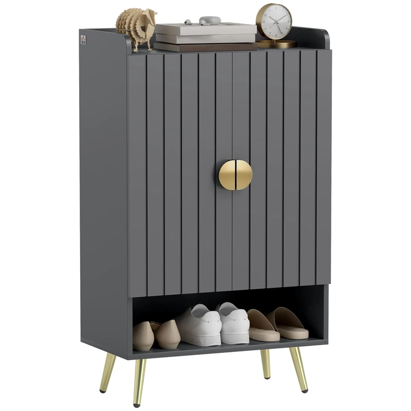 HOMCOM Modern Shoe Cabinet, 2 Doors, Open Shelf, Adjustable Shelves, Grey