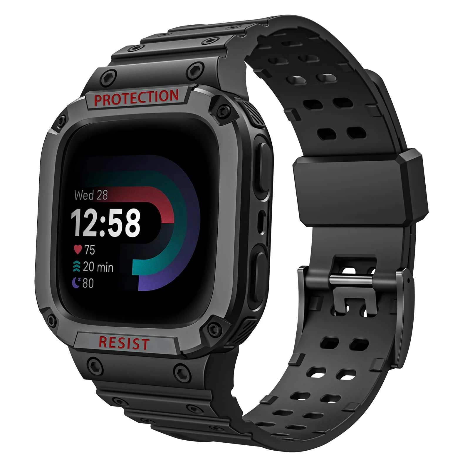 FINTIE Strap compatible with Fitbit Versa 4/3/2/1/Versa Lite/Fitbit Sense 2/1, Rugged TPU Protective Bumper Sport Band with Screen Protector Case, Black