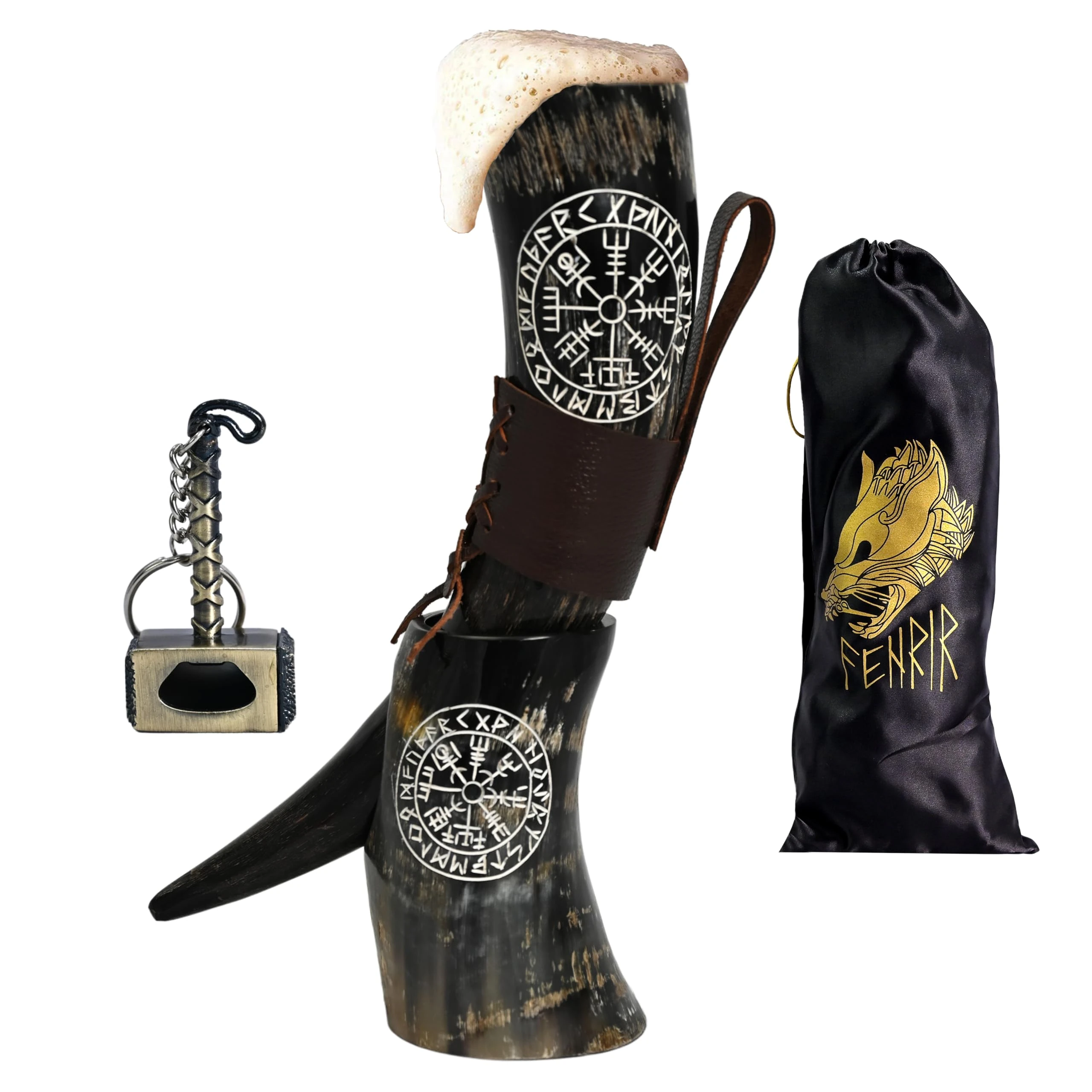 FENRIR Viking Drinking Horn with Stand Leather Brown Holster Opener for Wine Mead Beer Ale Horn Natural Polished (Size 15-18 Oz)