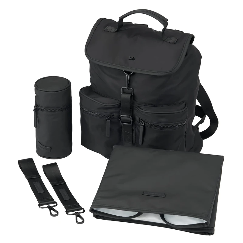 BABABING - Sustainable Baby Changing Backpack with Adjustable Shoulder Straps, Nappy Changing Bag with Change Matt, Insulated Bottle Holder & Pram Clips, Newborn Essentials - Black