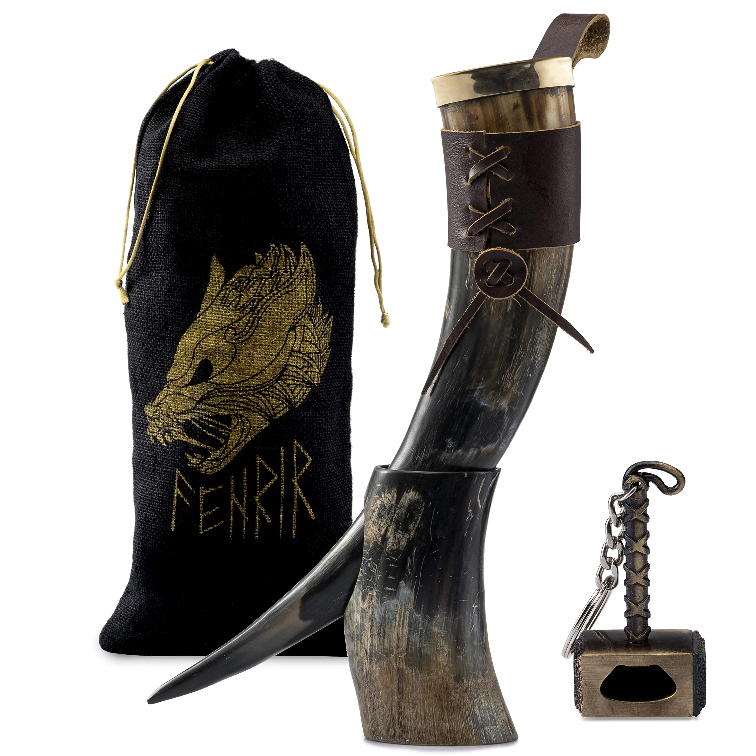 FENRIR Viking Drinking Horn with Stand | Thor Bottle Opener | Authentic Ox Horn Norse Medieval Stein for Ale, Mead, Whiskey | Loud Cup Tumbler Horn | Unique Gifts for Men | 16-oz Natural Polished