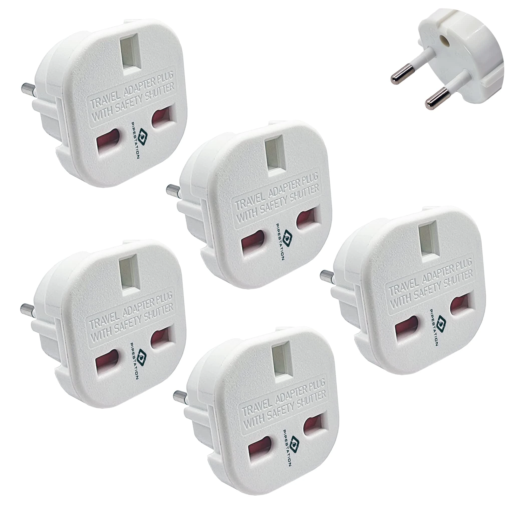 Pipestation UK to European Plug Adapter (5 Pack) | Travel Plugs UK to EU | Universal Adapter Plug to Europe Type C, E, F - EU Travel Adaptor | Small, Light and Compact Adaptor for Spain and Europe