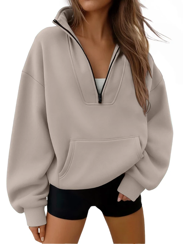 Trendy Queen Sweatshirts Half Zip Pullover Quarter Zip Oversized Hoodies Sweaters Fall Outfits 2024 Y2K Winter Clothes, Coffee Grey, S