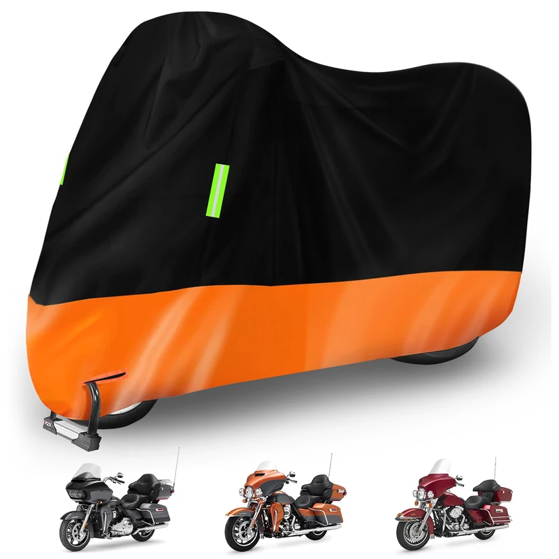 Waterproof Motorcycle Cover Compatible with Harley Davidson Touring Accessories with Anti-Theft Lock Hole & Reflective Strips for Outdoor Rain Snow Protection (101 to 108inches, with Trunk)