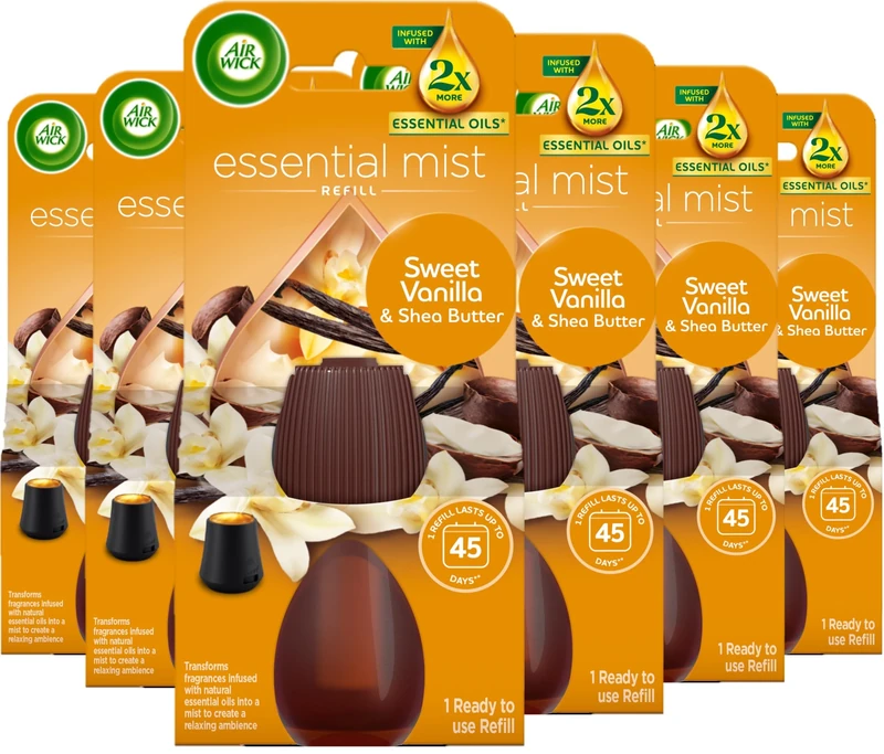 Air Wick Essential Mist Refills| Eliminates Odour and long lasting fragrance|Fragrance : Vanilla & Raspberry| Contains : 6 Refills| Usage: Lasts Upto 270 days (45 Days per refill)