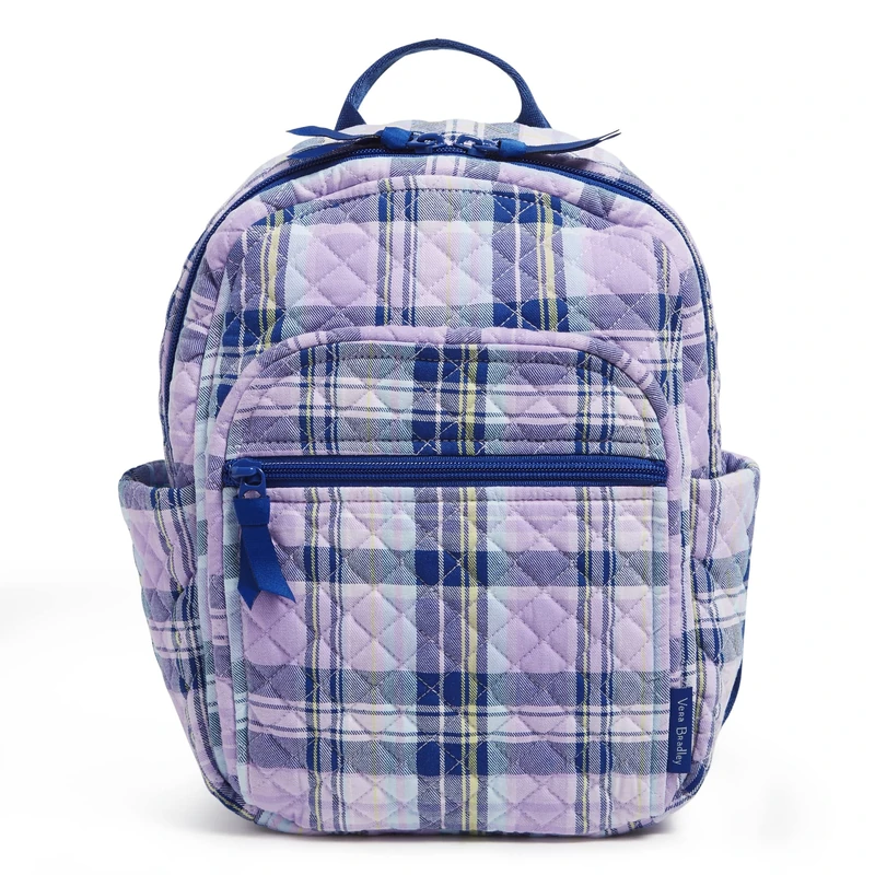 Vera Bradley Women's Small Backpack Bookbag, Amethyst Plaid-Recycled Cotton, One Size