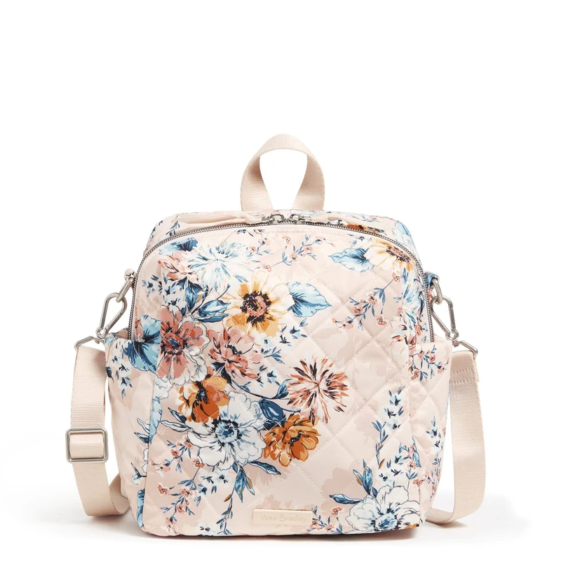 Vera Bradley Women's Performance Twill Convertible Small Backpack Bookbag, Peach Blossom Bouquet, One Size