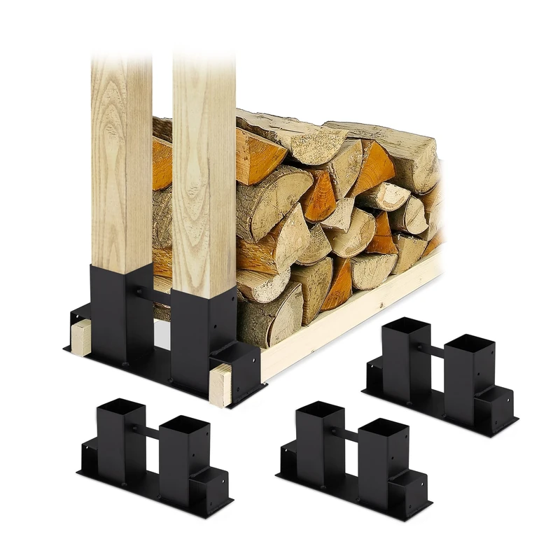 Relaxdays Wood Stacking Aid Set of 4, for Firewood, Flexible Log Rack, Storage Bracket, HWD: 16x34x10 cm, Metal, Black