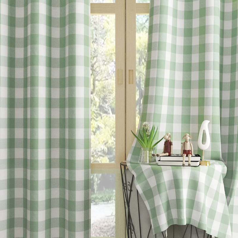 Curtains for Windows Buffalo Check Drapes Plaid Gingham Pattern Rod Pocket Cotton Curtain Panels 80 inch Length Farmhouse Kitchen Curtains 2 Panels Living Room Bedroom Basement Green White 52"x80"