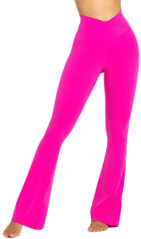 Sunzel Flare Leggings, Crossover Yoga Pants with Tummy Control, High-Waisted and Wide Leg, Hot Pink, XL