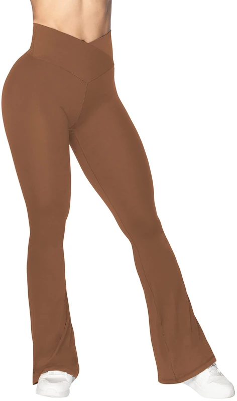 Sunzel Flare Leggings, Crossover Yoga Pants with Tummy Control, High-Waisted and Wide Leg, Wine Red, S