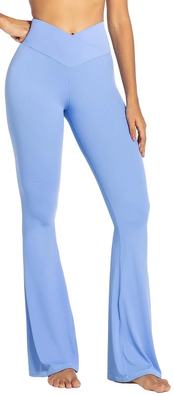Sunzel Flare Leggings, Crossover Yoga Pants with Tummy Control, High-Waisted and Wide Leg, Light Blue, Large
