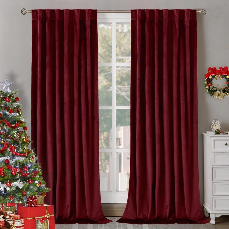 BGment Christmas Red Velvet Curtains 90 Inches for Bedroom, Thermal Insulated Room Darkening Curtains Sound Reduce Drapes with Back Tab and Rod Pocket for Living Room, 2 Panels, 52 x 90 Inch