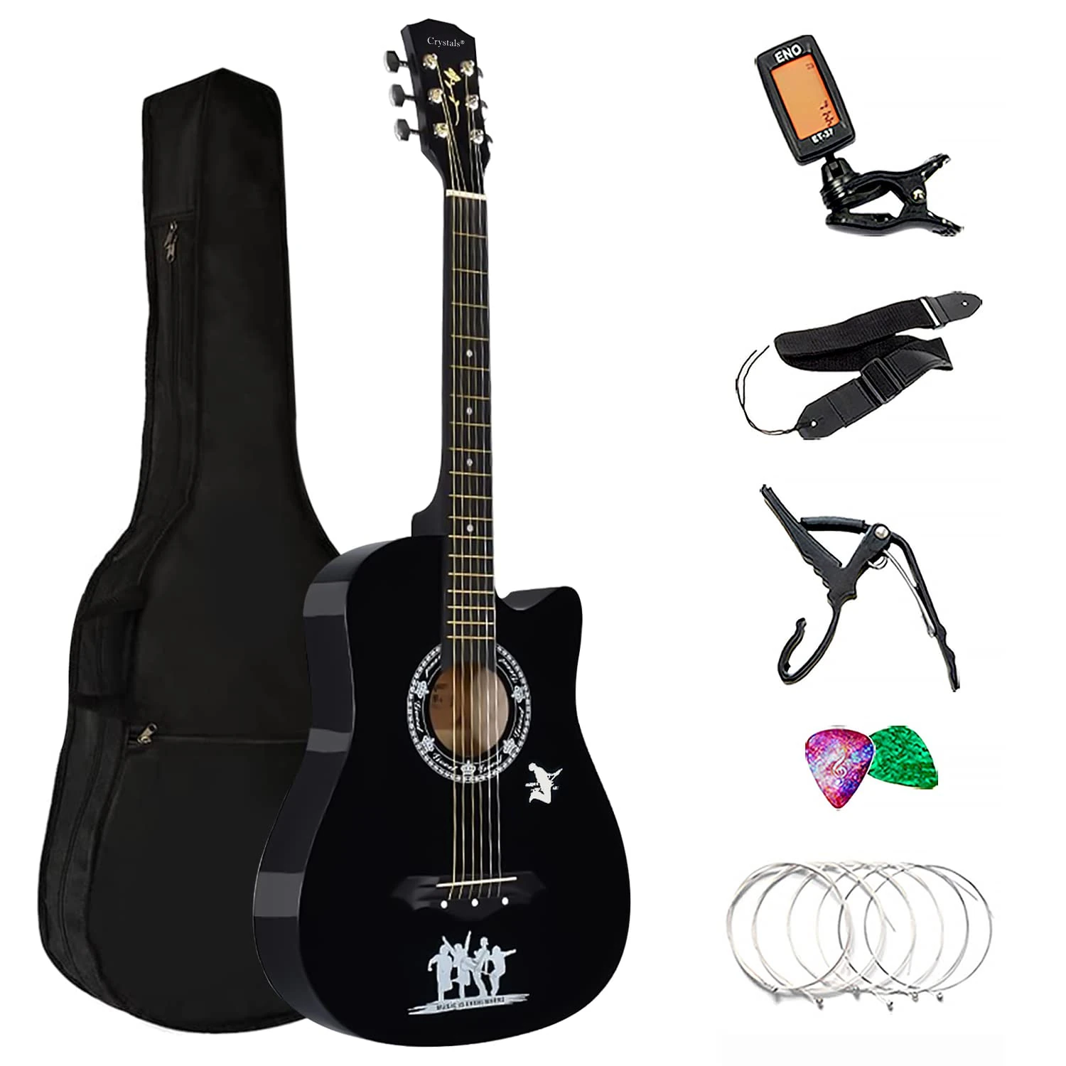 Crystals Acoustic Guitar Full Package Pack with Accessories - 4/4 Size 38" Classic 6 Strings (Black)