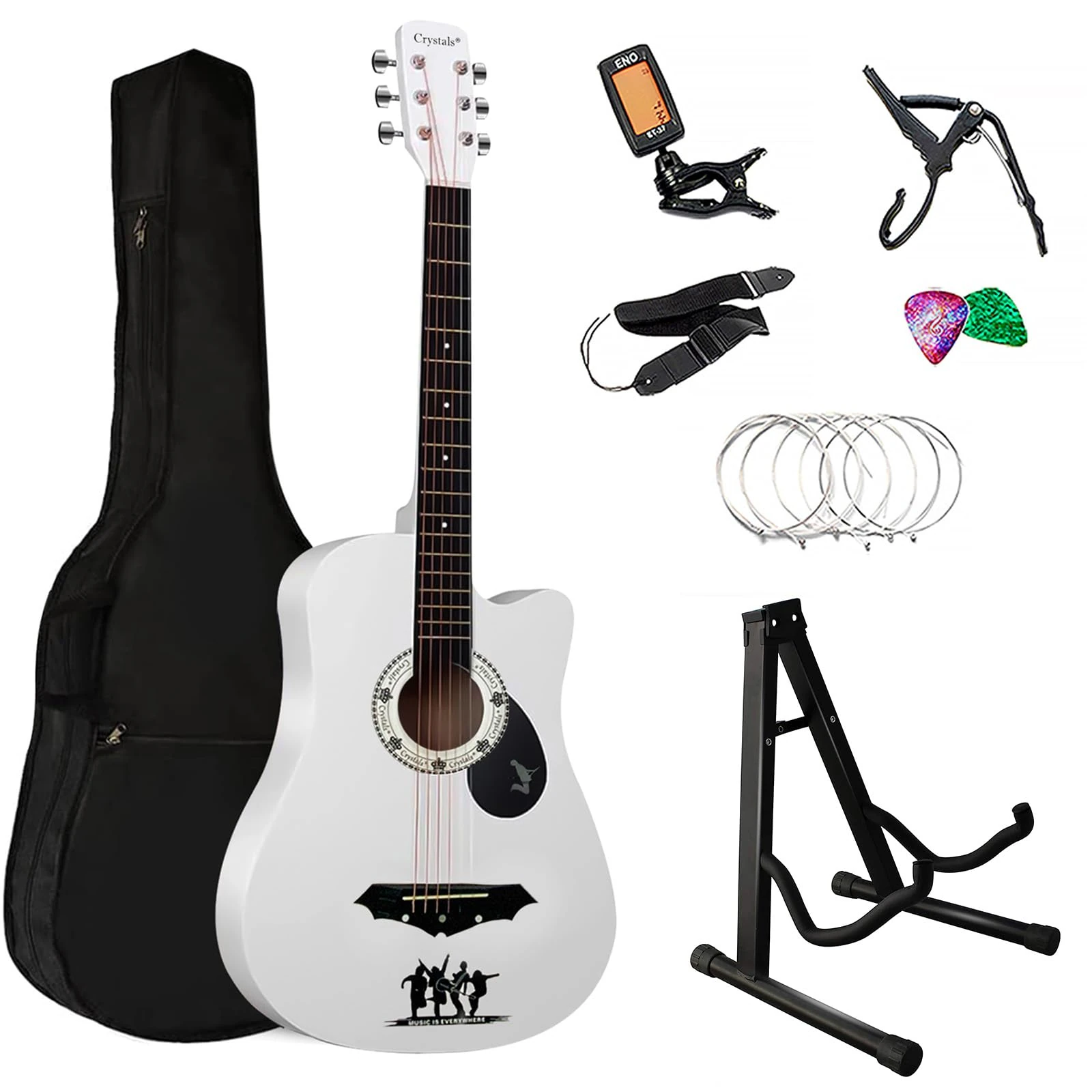 Crystals Acoustic Guitar Full Package Pack with Accessories - 4/4 Size 38" Classic 6 Strings (White + Guitar Stand)