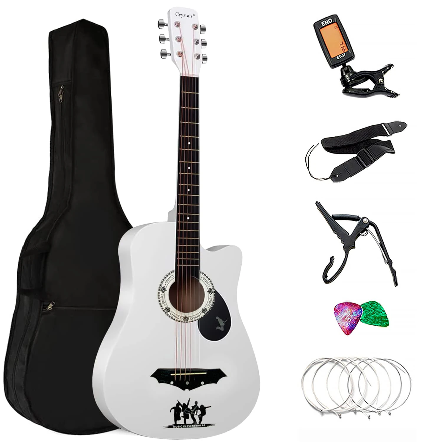 Crystals Acoustic Guitar Full Package Pack with Accessories - 4/4 Size 38" Classic 6 Strings (White)