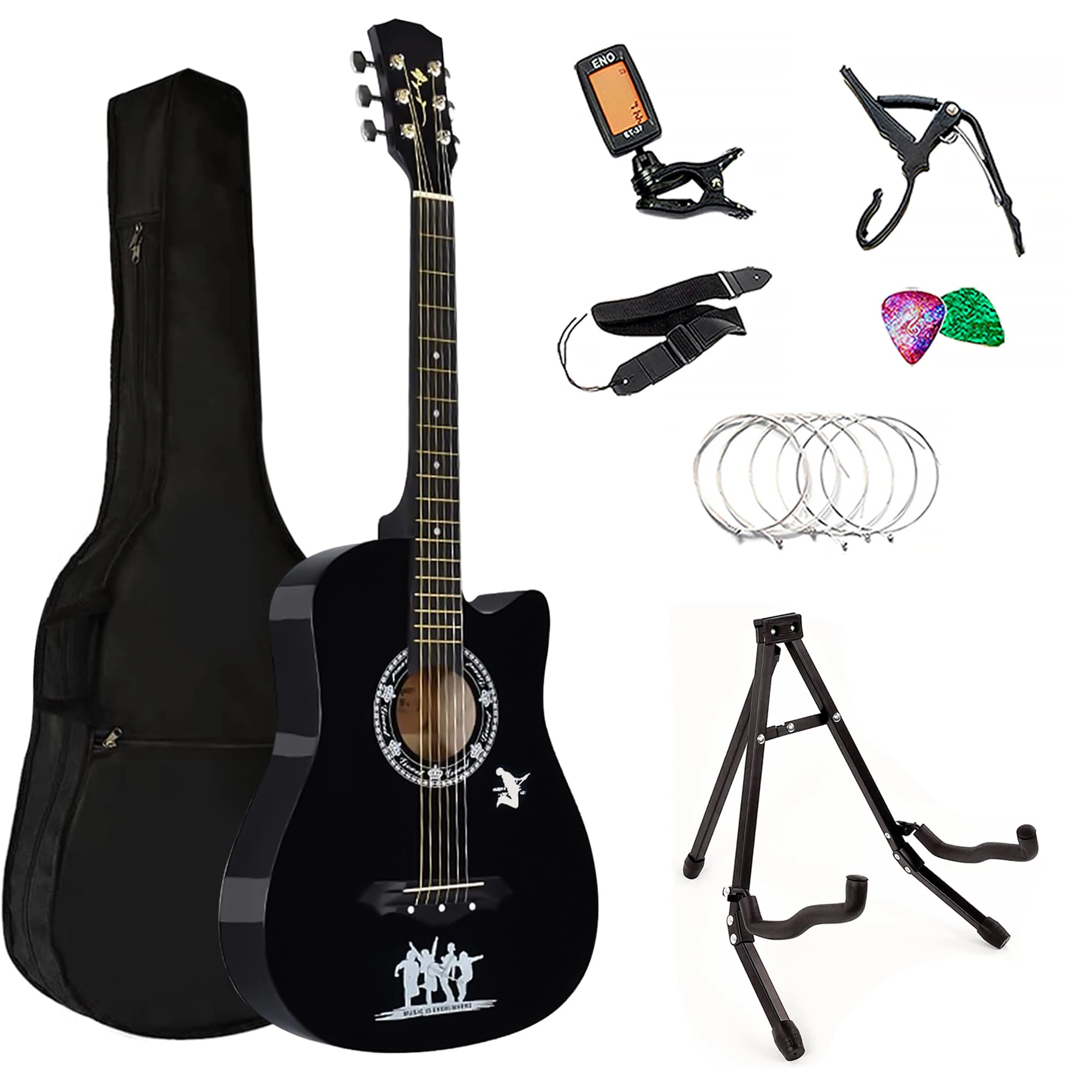 Crystals Acoustic Guitar Full Package Pack with Accessories - 4/4 Size 38" Classic 6 Strings (Black + Guitar Stand)
