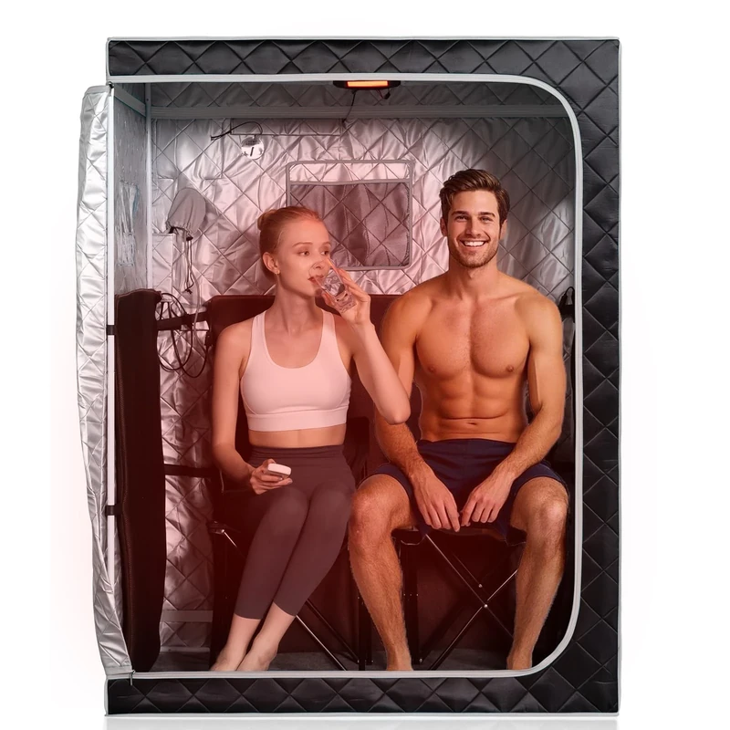 Smartmak Full Size Far Infrared Sauna, Two Person Home SPA with Time & Temperature Remote, Chairs, Light, 1 or 2 Person Privacy Indoor Saunas for Relaxation Detox,Greyborder