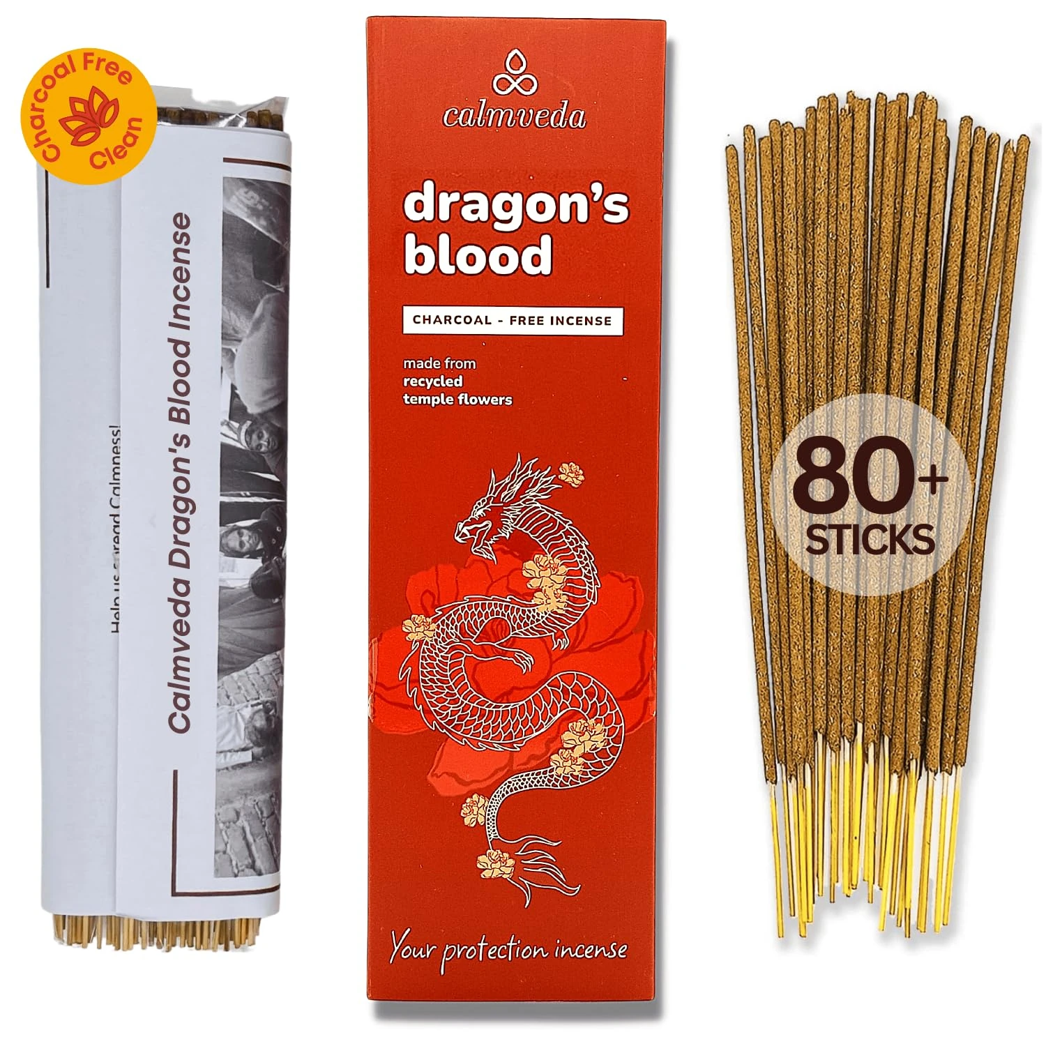 Peru Dragons Blood Incense Sticks - (80 Scented Sticks) Charcoal Free, Made from Upcycled Flowers | Sweet, Spicy & Ambery Notes | Protection Incense Sticks for Bad Energy Cleansing (Sangre de Grado)
