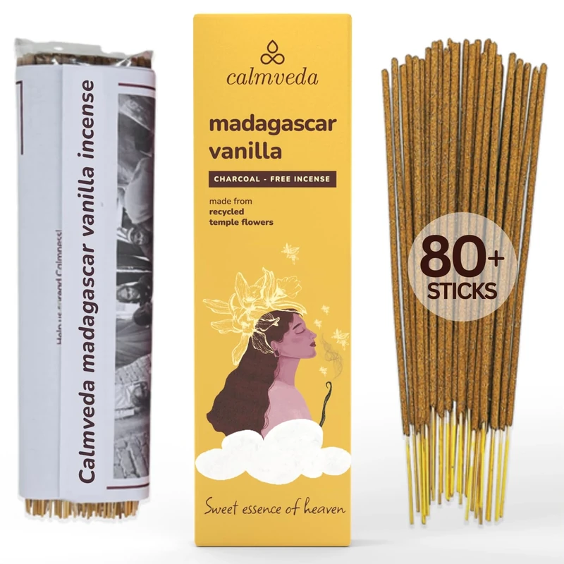 Madagascar Vanilla Incense Sticks Warm - (80 Scent Sticks) Charcoal Free, Made from Upcycled Flowers | Sweet, Cozy-Warm & Earthy Notes | Relaxing Incense & Healing Incense Sticks