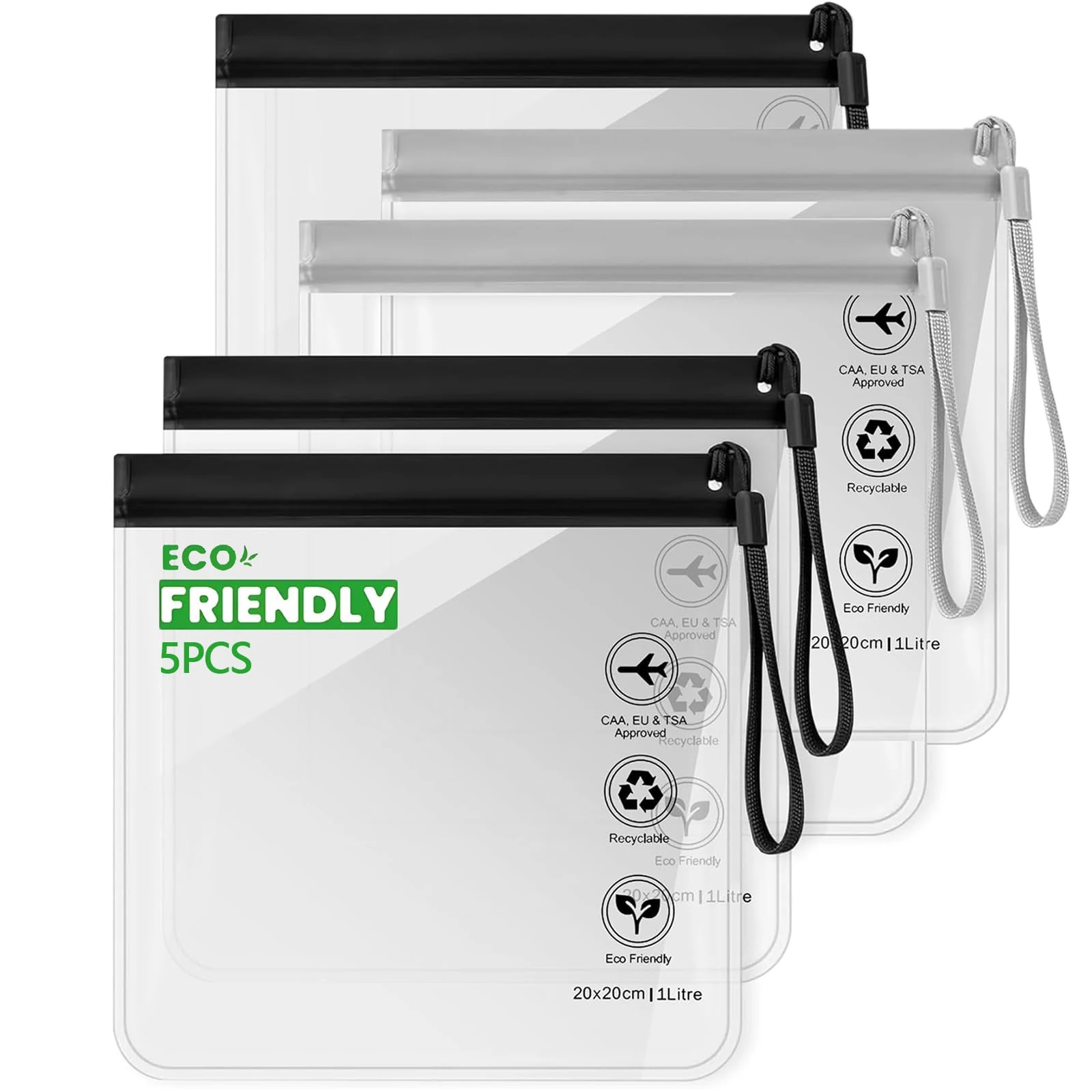 Caija-H 5pcs Clear Travel Toiletry Bag - Airport Security Liquids Bags, Airport Liquid Bag 20 x 20cm TSA Approved, Travel Accessories/Holiday Essentials Makeup Bags/HangLuggage for Men Women