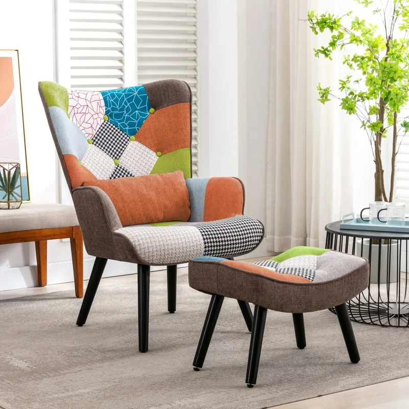 HomeMiYN Patchwork Chair,Accent Armchair with Ottoman Single Sofa Chairs with Footstool and Pillow,Fabric Upholstered High Back Armchairs Lounge Chair for Living Room Reading Bedroom, Orange