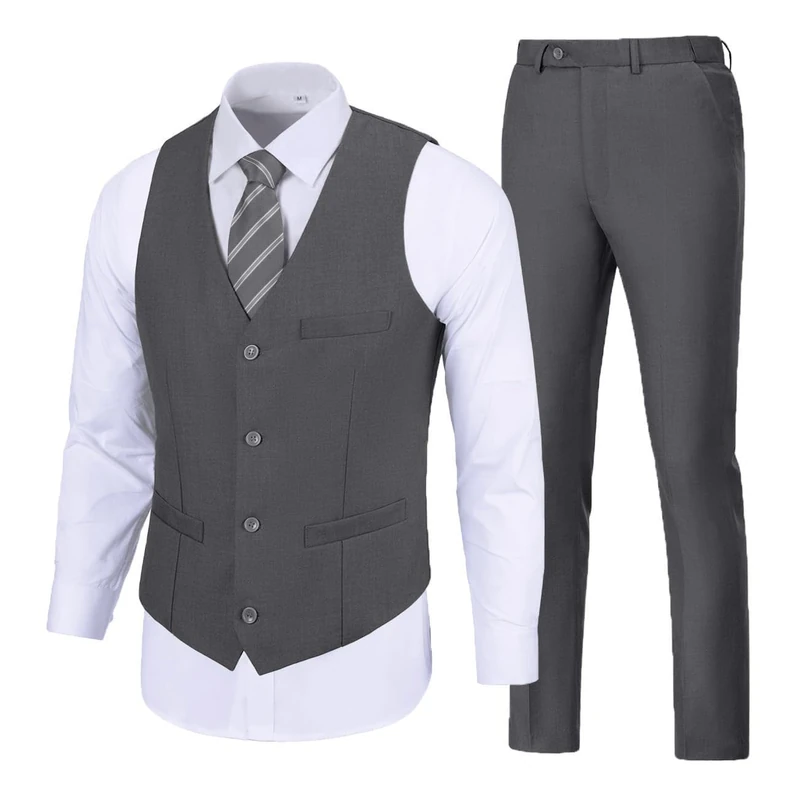 SISAVE Men's Suit 2 Pieces Slim Fit Dress Vest and Pants Set Prom Suits for Mens Formal Wedding Party Tuxedo, Dark Grey, XS
