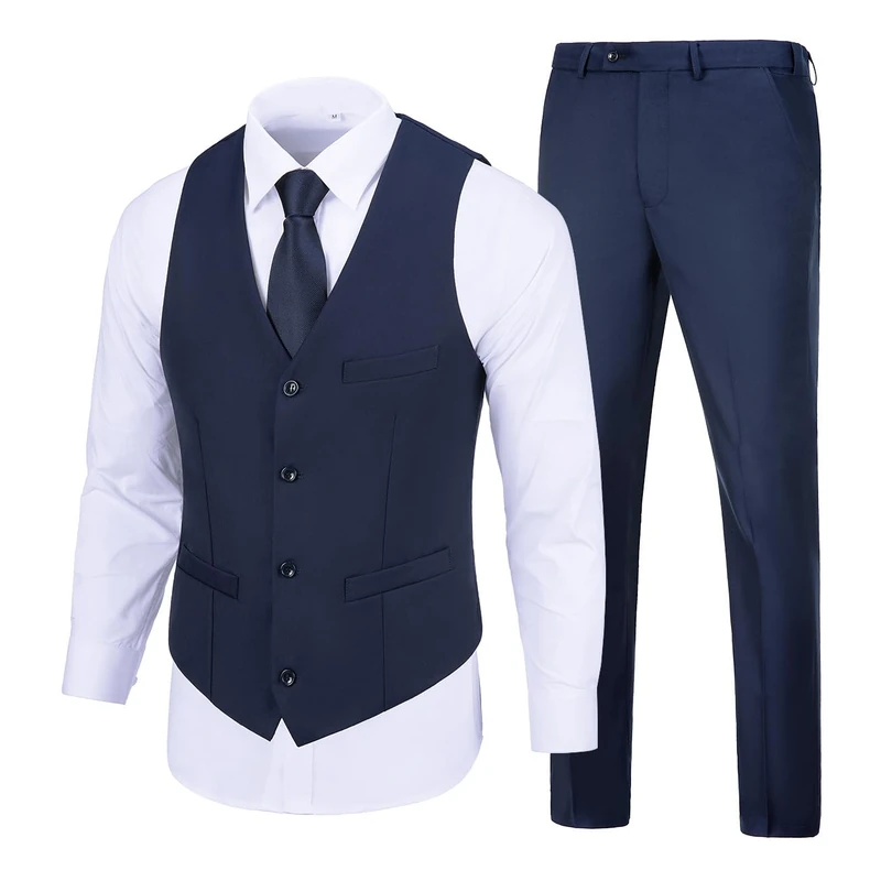SISAVE Men's Suit 2 Pieces Slim Fit Dress Vest and Pants Set Prom Suits for Mens Formal Wedding Party Tuxedo, Navy Blue, M